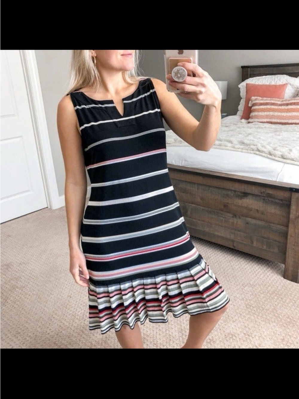 White House Black Market Sleeveless Black Striped Swing Dress with Ruffle Hem